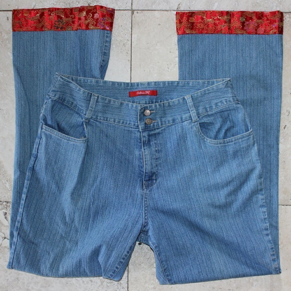 Vintage Bill Blass Bootcut Jeans Size 12 Ultra Fit Stretch Red Print Trim Accent